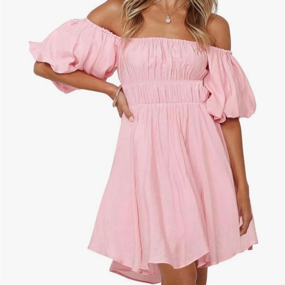 Puff Sleeve Off-Shoulder Mini Dress (Pink) – Size Small
